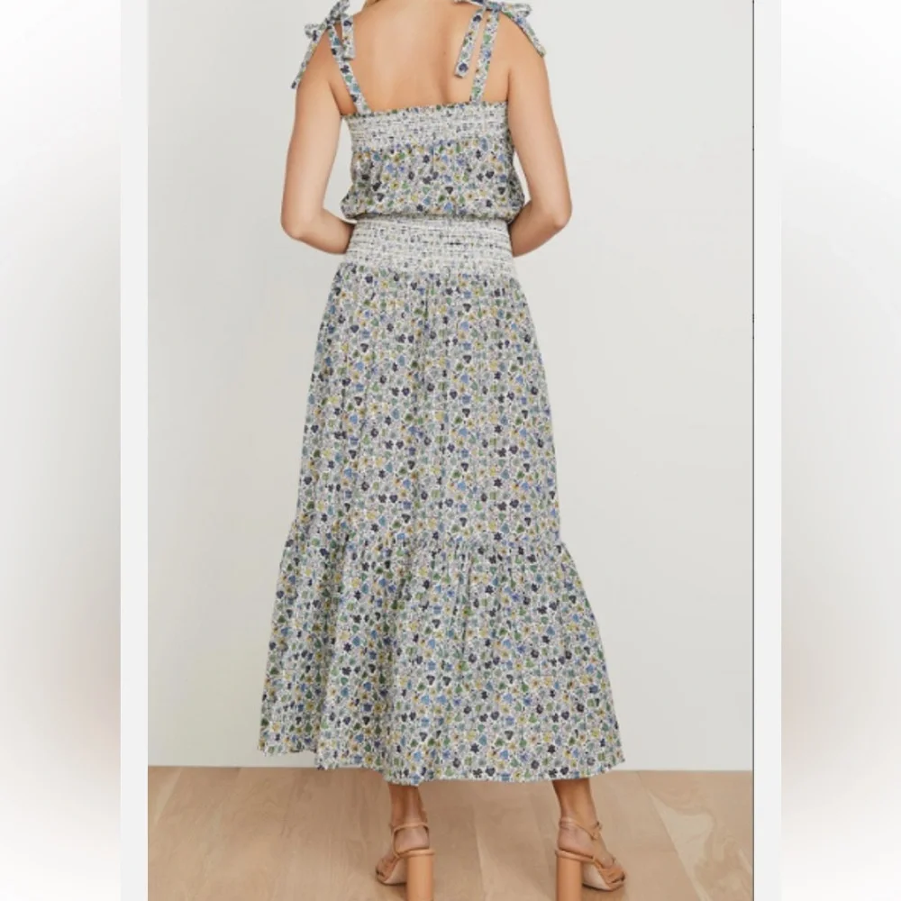 New Tory Burch Smocked Blue Floral Tie Shoulder Maxi Resort Beach Sun Dress M